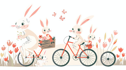 Rabbit mom with kids riding bicycle flat vector illustration