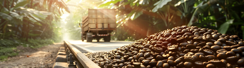 Cargo truck carrying coffee beans in a plantation with sunset. Concept of food production,...