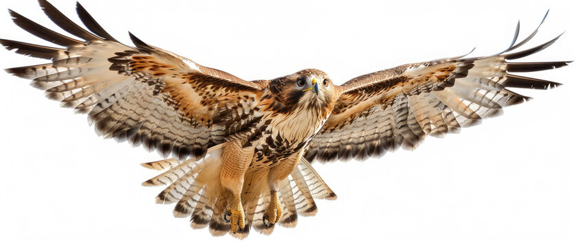 Majestic full body golden hawk eagle bird flying spreading its beautiful wings isolated on white background