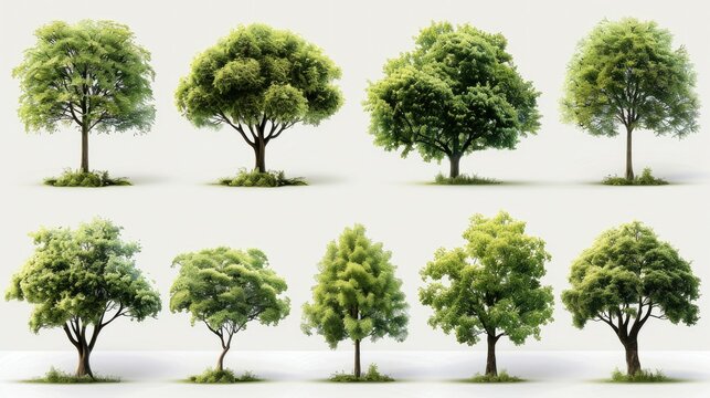 A set of realistic trees isolated on white background, collection with various types and sizes of green tree, cut out, cutout, isolated elements, clip art design. Generative AI.