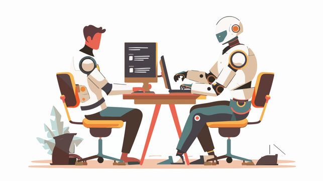 Robot and man sitting at computers and working together