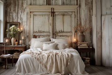 Fototapeta na wymiar Distressed Furniture Delights: Quaint Cottage Bedroom Ideas & Shabby Chic Charm