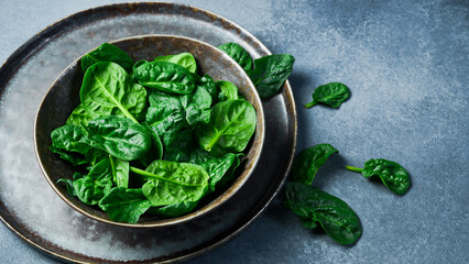 Fresh green spinach in a ceramic plate. Healthy food concept. Space for text.