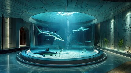Circular indoor water tank with sharks inside from front. Generative AI. - obrazy, fototapety, plakaty