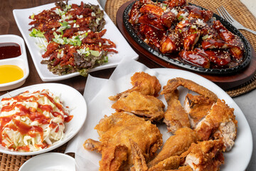 Korean food, chicken, barbecue, fried, old days, whole chicken, boneless, chicken feet, spicy, cabbage, salt, mustard, sauce