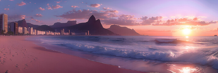 Illustration of View of Ipanema Beach in the evening .  beautiful shot of a seashore with hills on the background at sunset. 