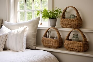 Creative Wicker Basket Storage Solutions for Quaint Cottage Bedroom Ideas - obrazy, fototapety, plakaty