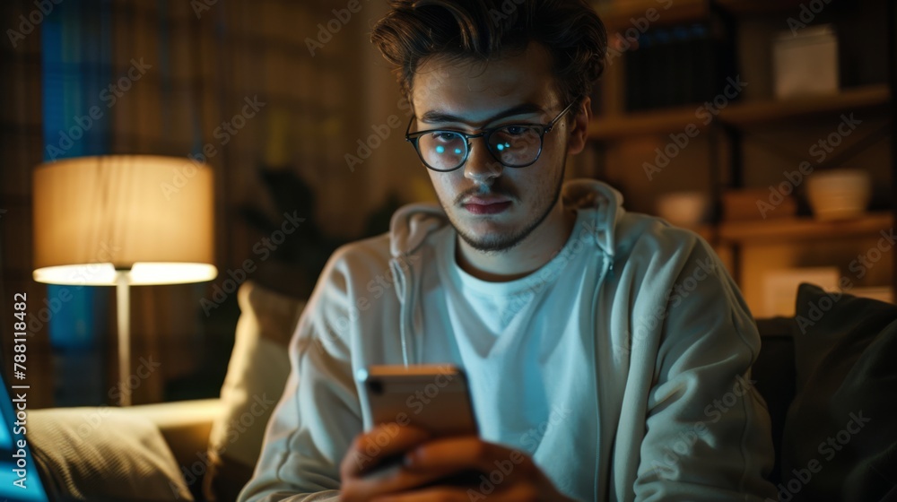 Poster Man Concentrating on Smartphone Screen