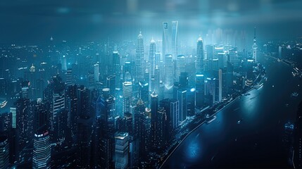 Overlooking the whole city architecture, X-ray style, light blue and white, black background. Aerial high view. Generative AI.