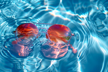 red sunglasses floating on rippling blue water, concept of summer and relaxation - obrazy, fototapety, plakaty