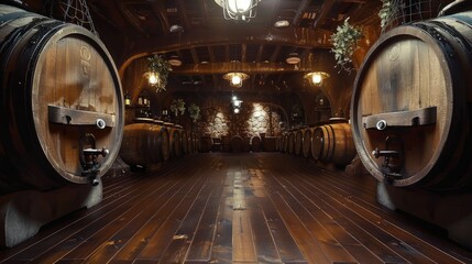 Oak barrel wine tank, indoor light source. Generative AI.