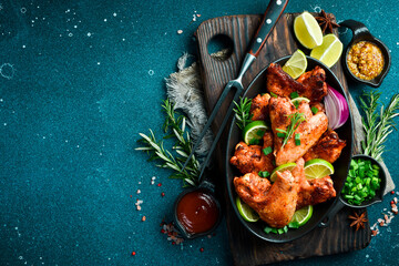 Fried chicken wings with lime, rosemary and onions. In a black plate. On a dark background. - 788118804