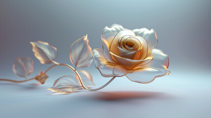 translucent glass rose with golden edges illuminated on a soft white background