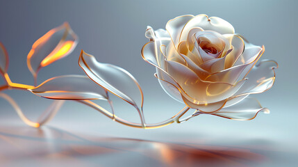 translucent glass rose with golden edges illuminated on a soft white background
