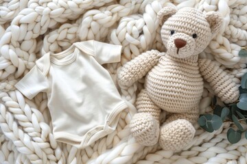 Baby bodysuit mockup with teddy bear, eucalyptus on ivory blanket, infant onesie template