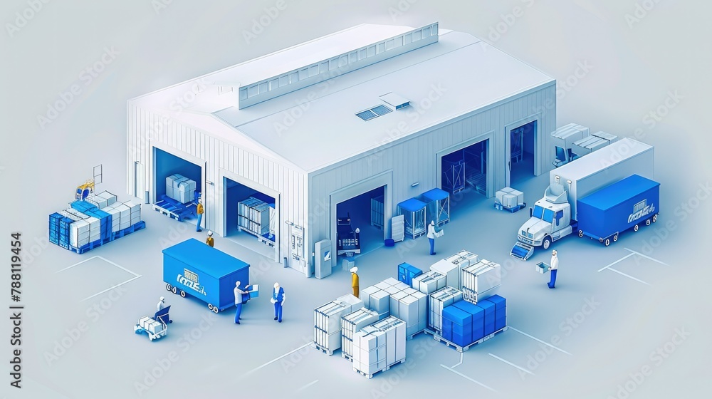 Poster minimalist isometric illustration of an all white warehouse with blue pallets and workers unloading,