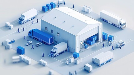 Minimalist isometric illustration of an all white warehouse with blue pallets and workers unloading, white background,  The illustration is in the style of minimalist isometric works. Generative AI.