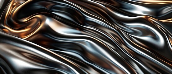 3D render of an abstract background with a smooth metallic wave in the style of a gradient of silver and brown colors