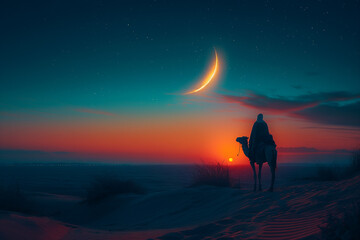 Islamic New Year and Eid Al-Adha theme with silhouette of  man on camel against giant crescent moon at clear sunset in sahara desert
