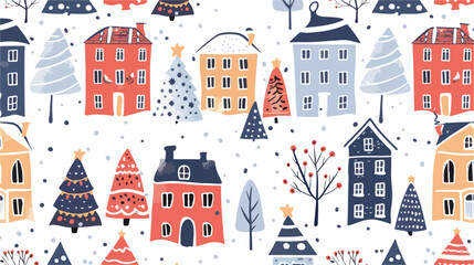 Seamless pattern with cute buildings and trees decoration