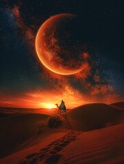 Islamic New Year and Eid Al-Adha theme with silhouette of person on camel against giant crescent moon at clear sunset in sahara desert