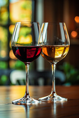 Two glasses with red and white wine on a summer background