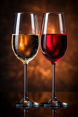 Two glasses with red and white wine on a brown background