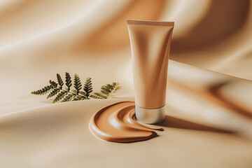 Mockup of blank brown tube with splash stroke of foundation on beige silky background. Concept and design for decorative women's face cosmetics