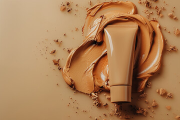 Mockup of blank brown tube with splashes strokes of foundation on beige background. Concept and design for decorative women's face cosmetics