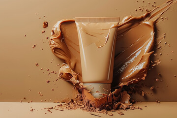 Mockup of blank brown tube with splashes strokes of foundation on beige background. Concept and design for decorative women's face cosmetics