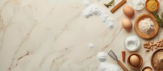 Background frame with a baking or cooking theme. Assorted ingredients and kitchen tools for making cakes are displayed. Overhead view with space for text.