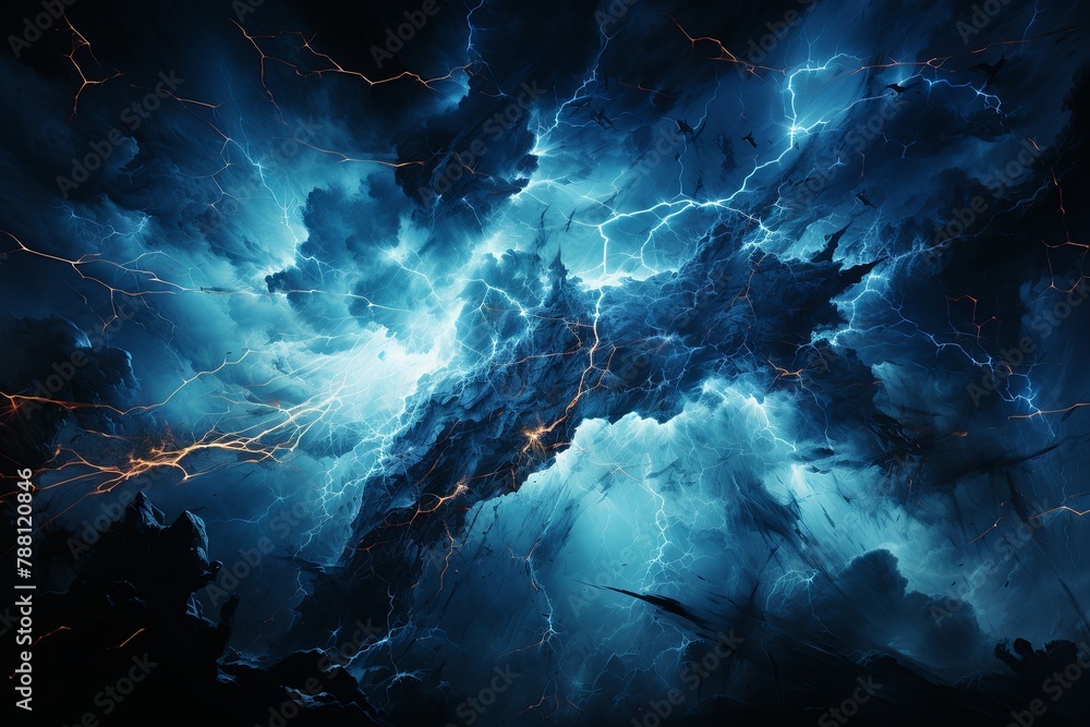 Poster Illuminate your space with striking paintings capturing the dynamic majesty of lightning bolts. Electrify your surroundings with the raw power and beauty of nature's fury, Generative AI.