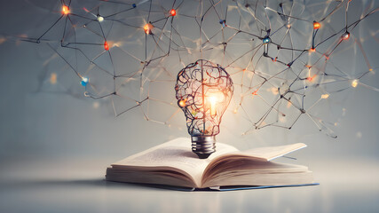  Light bulb on the Book. Education concept. Searching for new ideas. AI generated image