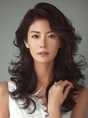 A woman with long brown hair and a necklace is posing for a photo