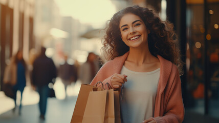 Cheerful woman holding shopping bags.Beautiful woman in casual style shopping in the city