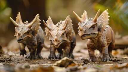Fototapeta premium Tiny triceratops puppies clumsily learning to use their horns
