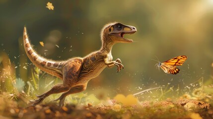 A deinonychus puppy leaping joyfully after a fluttering butterfly