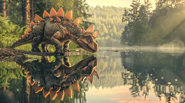 A kentrosaurus puppy admiring its reflection in a lake