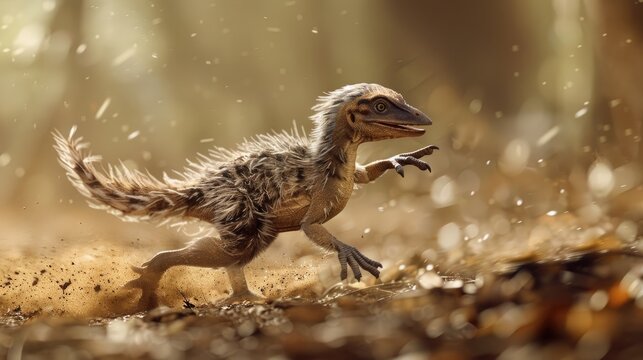 A fuzzy coelophysis puppy chasing its tail in circles