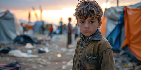 Young boy child in makeshift refugee camp at sunset, symbolizing resilience, for Refugee Week, banner, copy space