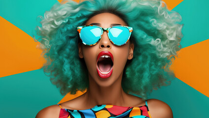 Vibrant woman with aqua hair and colorful sunglasses shouting.