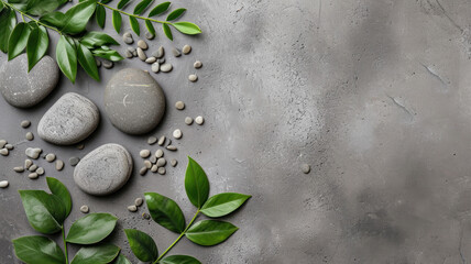 Top view Spa stone and leaves on grey background
