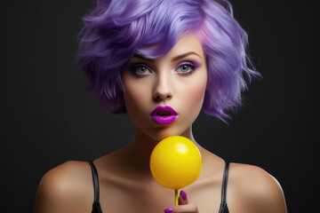 Vibrant portrait of a woman with purple hair and matching lipstick holding a yellow lollipop,...