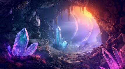 cave with blue and purple crystals inside.
