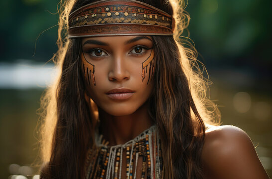 Spiritual gaze of a woman with symbolic face paint and headband, embodying ancestral roots and tribal tradition.
