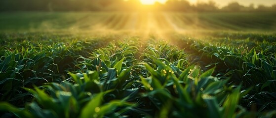 Sunrise Over Dewy Cornfield - Agriculture Beauty. Concept Agriculture Beauty, Sunrise Photography, Dewy Cornfield View, Rural Landscape, Morning Charm