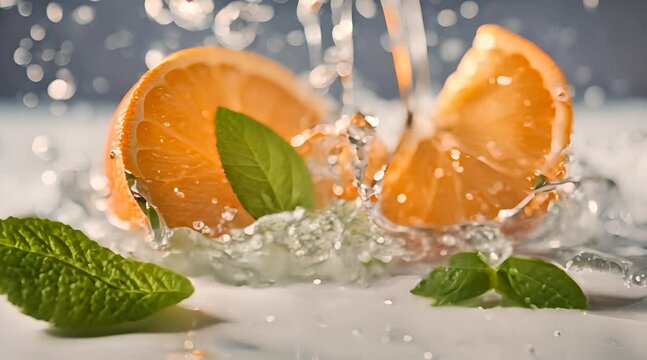 Pieces of orange fruit doused with pure mineral water