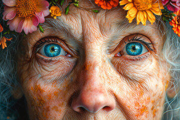 senior woman eyes surrounded by flowers