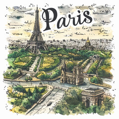 Artistic hand-drawn sketchnote style travel map of Paris, vector, wallpaper