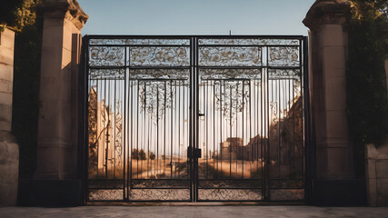 Iron gate entrance. New life or beginning concept.  Dream gate to success. AI generated image, ai